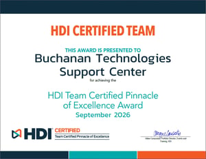 HDI Team Certified Pinnacle of Excellence Award certificate presented to Buchanan Technologies Support Center, September 2026
