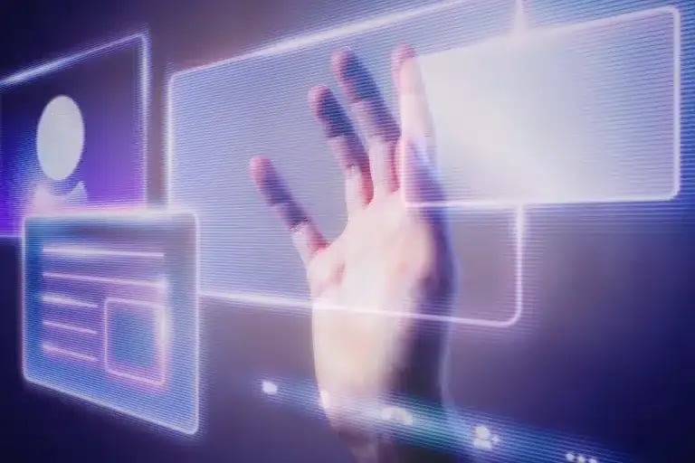 A hand on touch screen explaining benefits of IVR