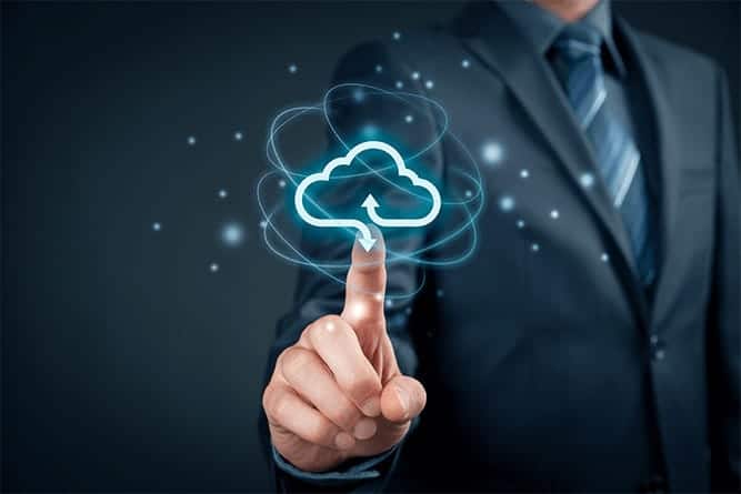 A person with cloud security symbol on the touch screen