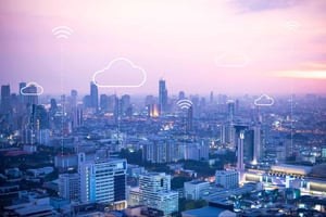 Graphical representation image of cloud computing with city landscape