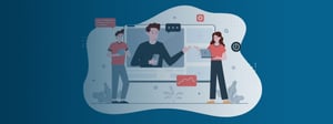 Illustration of students collaborating online, using phones and laptops around a digital learning interface, representing cloud-based education, remote collaboration, and data-driven learning tools.