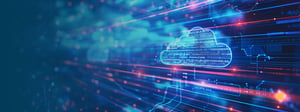 Abstract illustration of cloud computing, showing glowing cloud icons with flowing data lines and digital connections representing data transfer and network infrastructure.