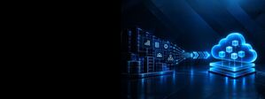 Dark navy technology scene showing on-premises server racks and data systems connected by glowing blue data streams to a luminous cloud platform, representing enterprise cloud migration and infrastructure modernization.