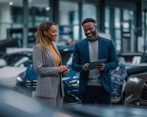 Automotive industry professionals using Oracle Cloud solutions on a tablet to streamline operations