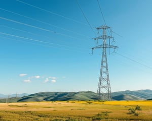 High-voltage electrical transmission tower representing application modernization for power and energy sector client