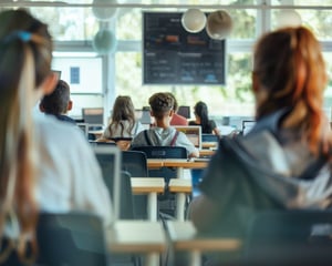Students sit at desks in a modern classroom, working on laptops and facing the front of the room, where a digital display highlights a technology-enabled learning environment