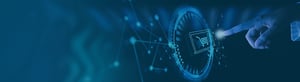 A hand reaches toward a glowing digital shopping cart icon within a circular interface, connected by network lines and nodes on a blue background, representing modern retail technology, e-commerce, and connected digital experiences.