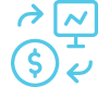 Icon of a dollar sign and monitor with rotational arrows to the right